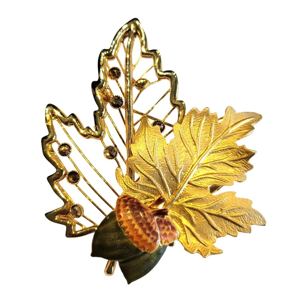 Gold Tone Leaf Acorn Rhinestone Brooch Pin Fall Autumn Jewelry KC Signed
